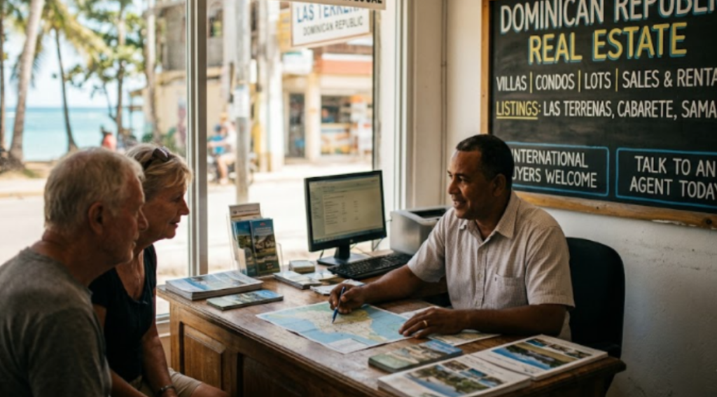 Real estate agent showing clients a map