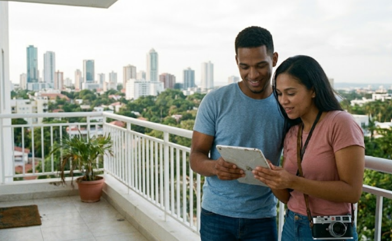 A couple on a balcony views a tablet