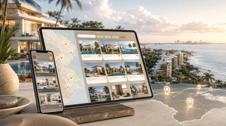 Digital listings are shown with a luxury property facing the seaside.