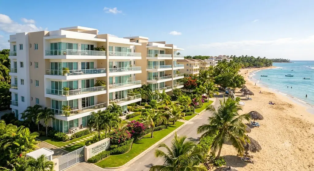A view of luxury apartments near the beach.