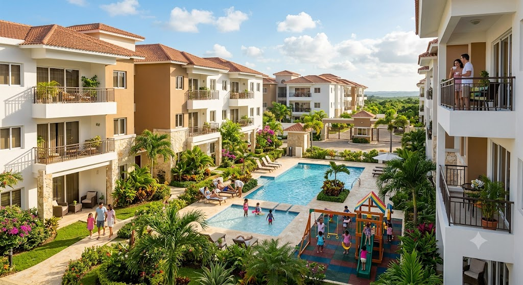 A beautiful view of luxurious apartments with amenities in the Dominican Republic.