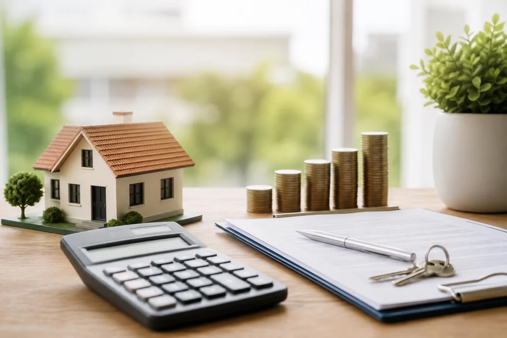 Calculadora junto a una casa en miniatura, pilas de monedas, llaves y documentos de préstamo que representan el cálculo de los costos hipotecarios mensuales para comprar una vivienda.