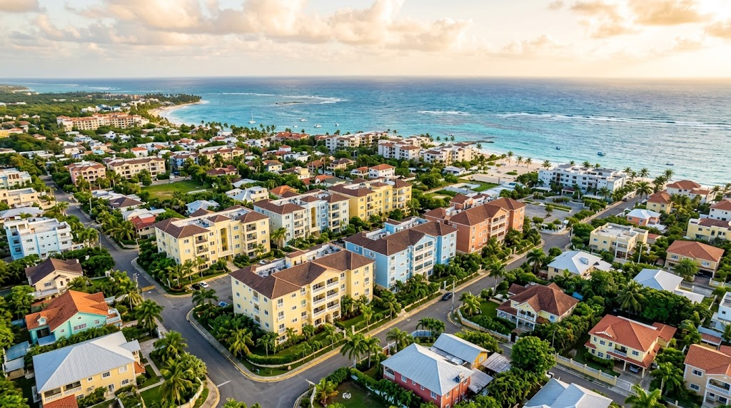 Vista aérea de casas y apartamentos de República Dominicana cerca de la playa.