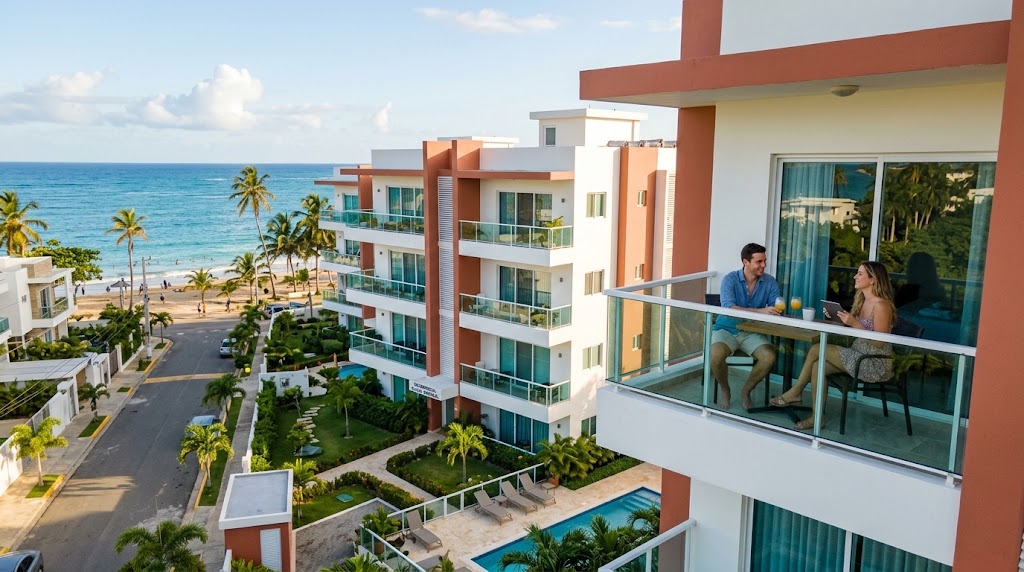 Una pareja joven sentada en el balcón de un apartamento moderno con vista a un desarrollo residencial.