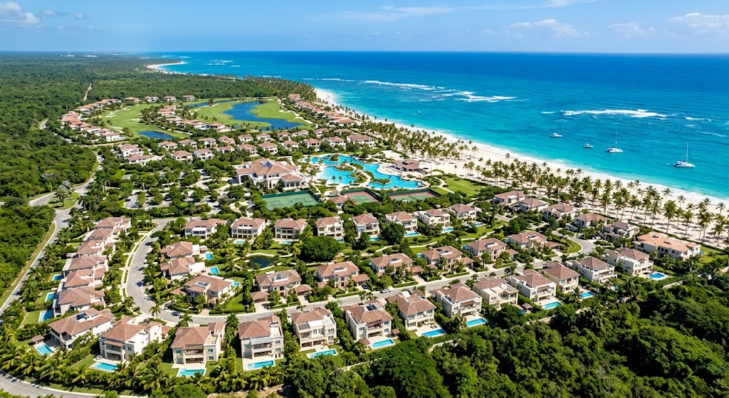 High-angle aerial photograph of a luxurious coastal residential and resort development in Punta Cana.