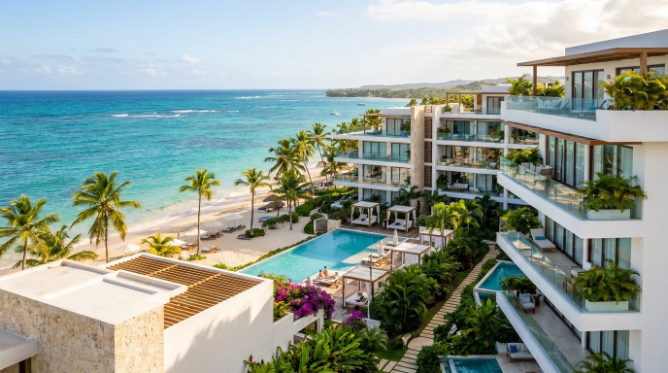 Modern beachfront apartment complex with a swimming pool, palm trees, and clear blue ocean waters.