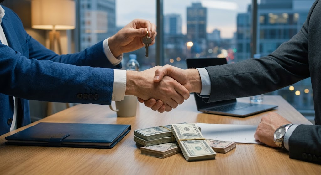 Two men in suits shake hands over stacks of cash and house keys.