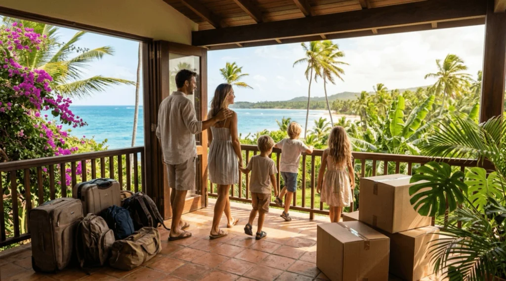 Family with packed luggage and moving boxes standing on a tropical terrace looking out at the ocean in the Dominican Republic