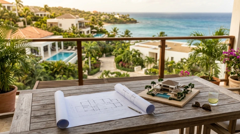 Planos arquitectónicos y una maqueta de casa en una mesa de balcón