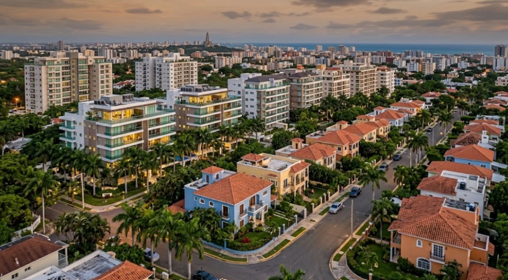 Vista aérea de Santo Domingo con casas de techos de terracota y modernos edificios de apartamentos.